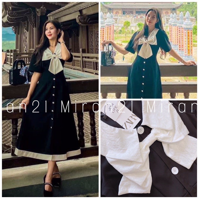 🎀 Đầm đen dài nơ cổ trắng ( ảnh thật, có feedback, cận chất)