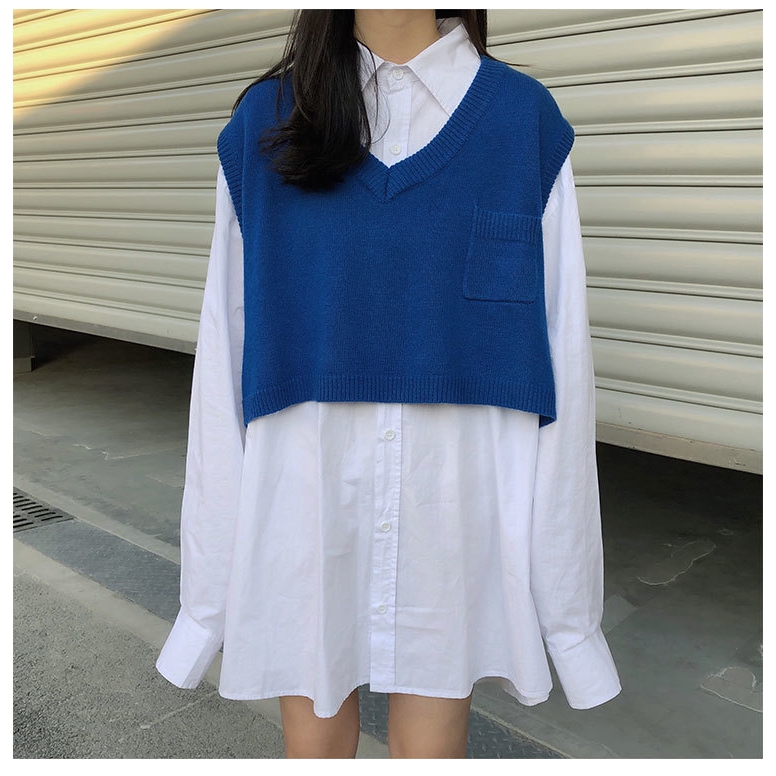 Áo sweater dệt kim sát nách cổ chữ V dáng rộng xẻ tà thời trang dành cho nữ