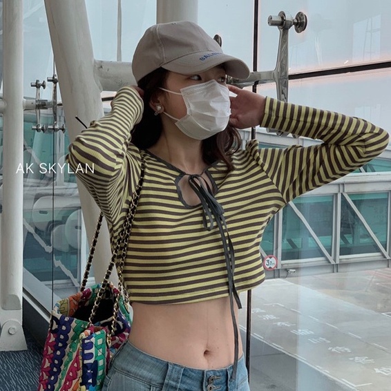 【ZHELIHANGFEI】Áo Dệt Kim Tay Dài Lưng Cao Kẻ Sọc Cá Tính Thời Trang