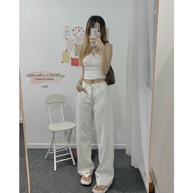 Set quần Kaki trắng ống rộng, lưng cao + áo yếm cột cổ trắng siêu xinh