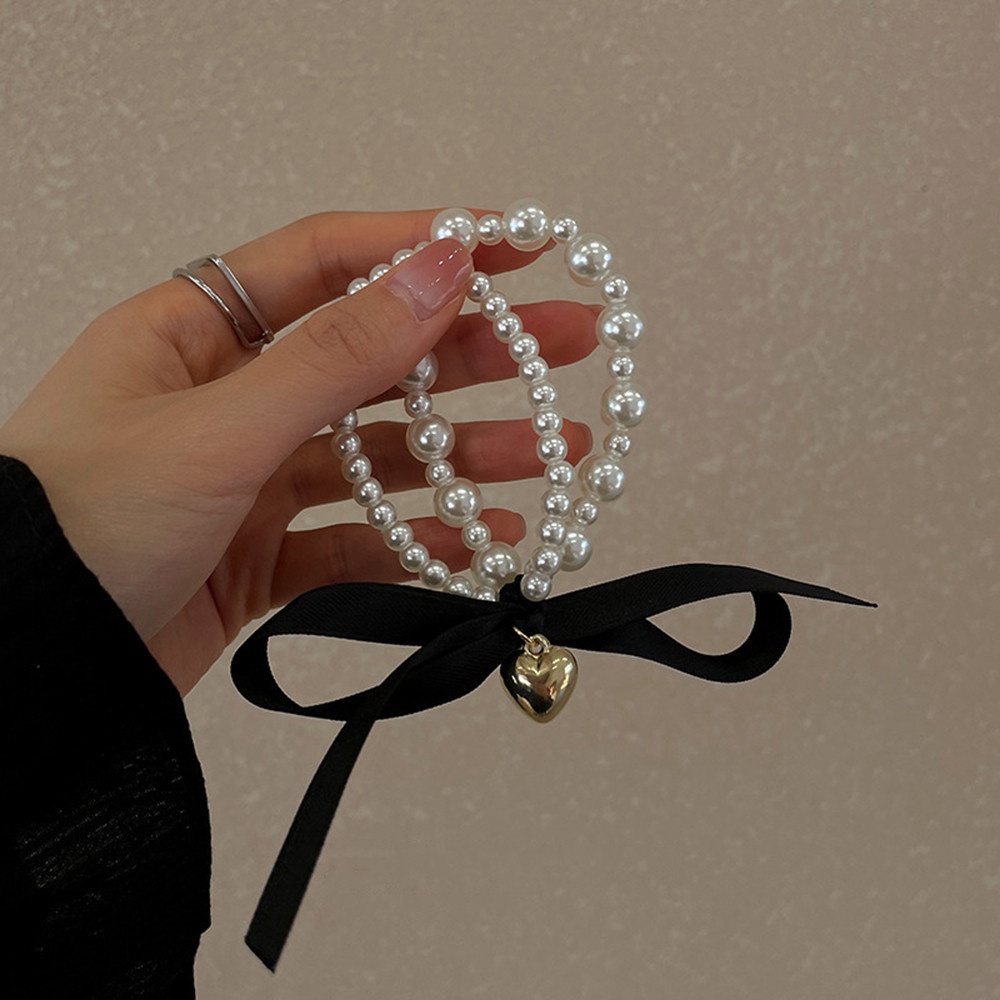 Dây Buộc Tóc Thắt Nơ Đen Đính Ngọc Trai Phong Cách Pháp Thanh Lịch Dành Cho Nữ