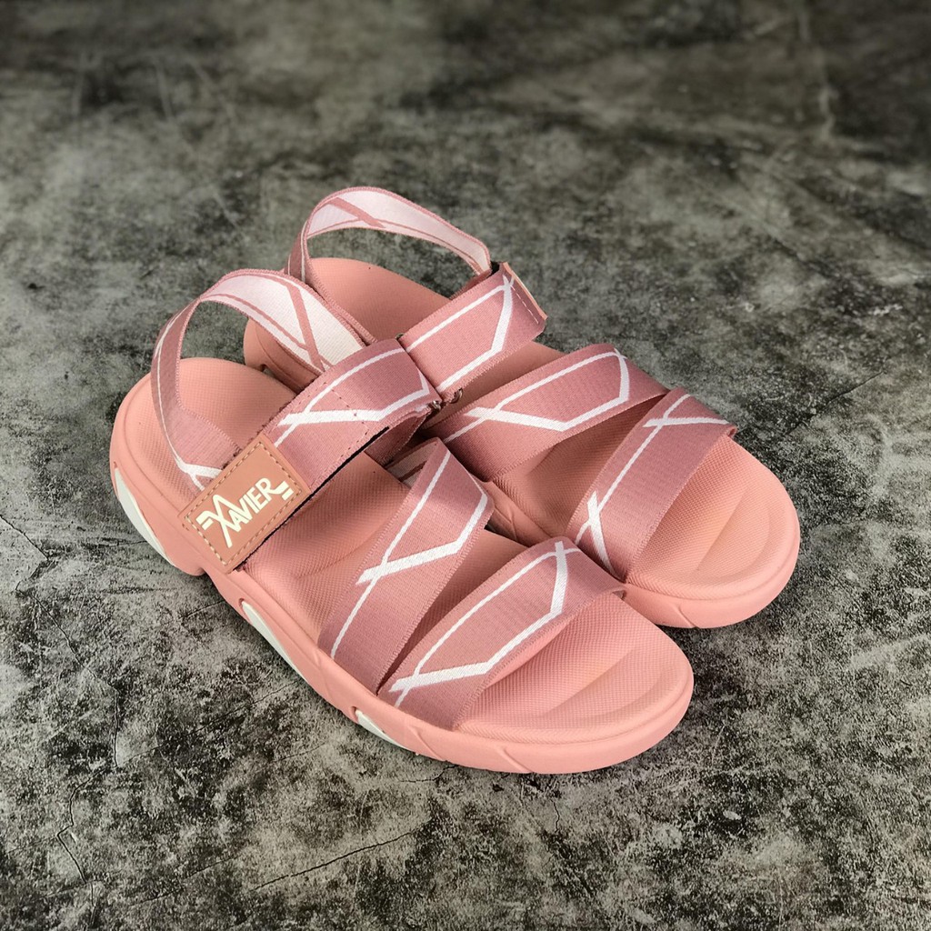 Giày sandal nữ XAVIER hồng sọc trắng đi học đi làm [ẢNH THẬT]