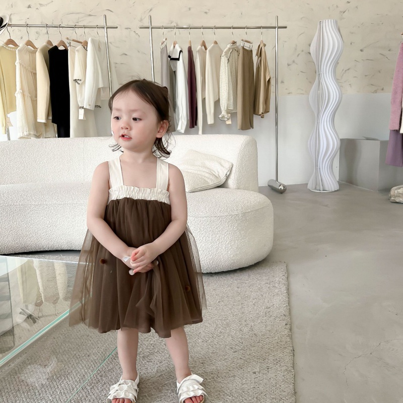 Đầm Công Chúa Hai Dây Thắt Nơ Sau Lưng Màu Trơn Dành Cho Bé Gái