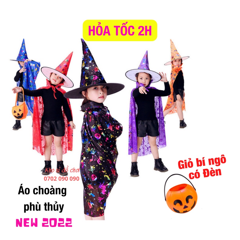 (new2022) Combo áo choàng, giỏ bí ngô, mũ phù thủy 80cm hoá trang HALOWEEN cho bé trai, bé gái