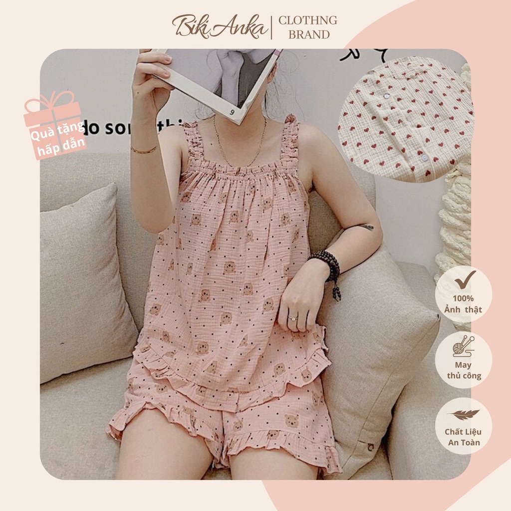 Bộ 2 Dây Xô Muslin Bộ Ngủ Mặc Nhà Nữ Mùa Hè Chất Mát An Toàn