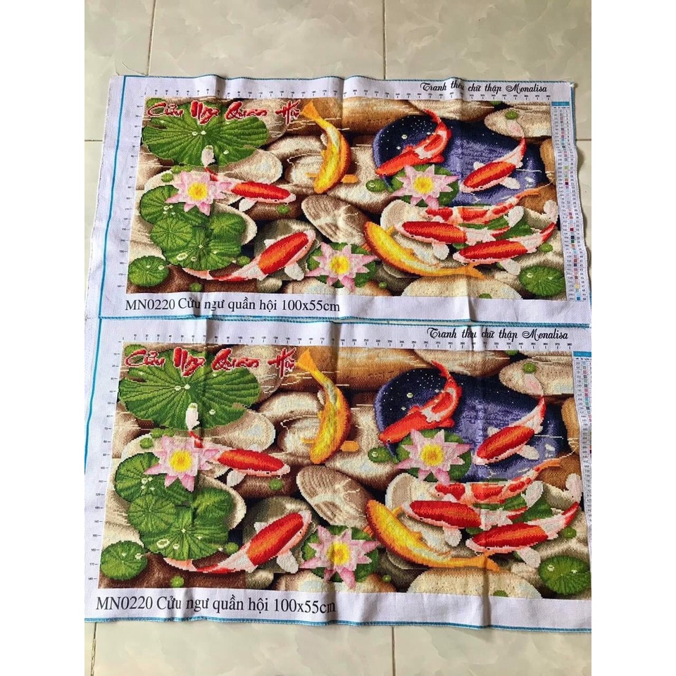 Tranh thêu cá cửu ngư quần hội KT:100x55cm,150x70cm,tranh chưa thêu,tặng kéo và xỏ chỉ