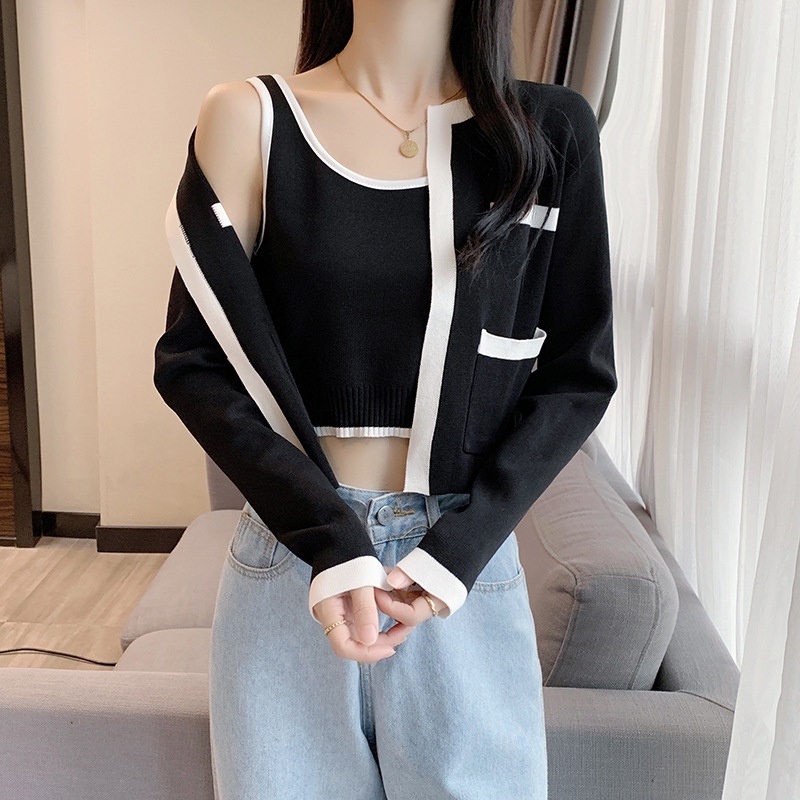 IELGY  Áo Khoác cardigan Dệt Kim Hai Mảnh Màu Sắc Tương Phản Thời Trang Dành Cho Nữ