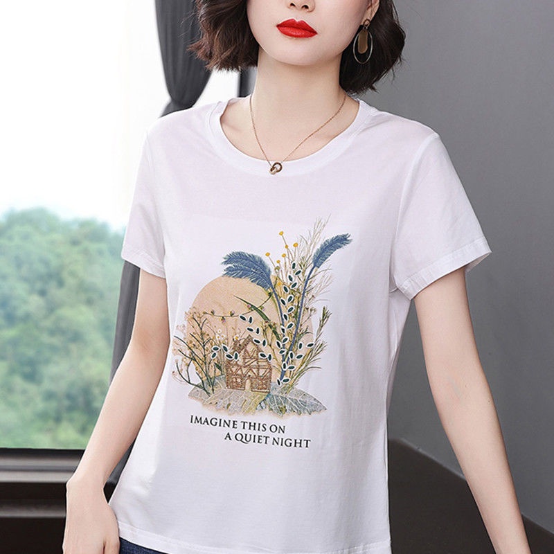 Áo Thun Tay Ngắn In Họa Tiết Phong Cách Phương Tây Thời Trang Mùa Hè Cho Phụ Nữ Trung Niên