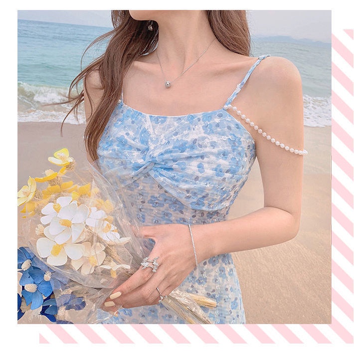 2021 new skirt French design sense of minority wear fishtail purple broken flower suspender dress for women in summer