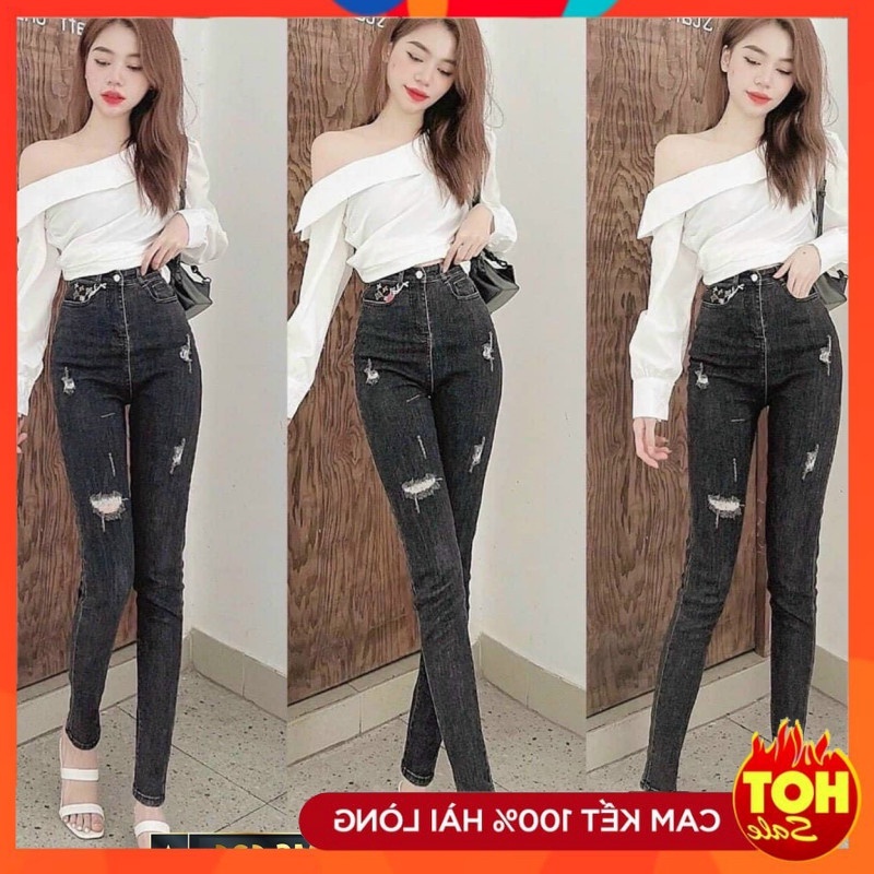 Quần jean nữ lưng cao co giãn có túi, quần bò cạp cao skinny jeans trơn dài basic mẫu mới thebeautyhouse99 t