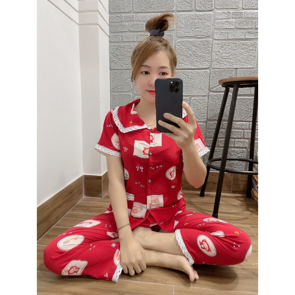 Bộ Đồ Bộ Pijama satin mềm Phối Ren Tay Ngắn Quần Dài Freesize <55kg [ảnh thật 100%] | BigBuy360 - bigbuy360.vn
