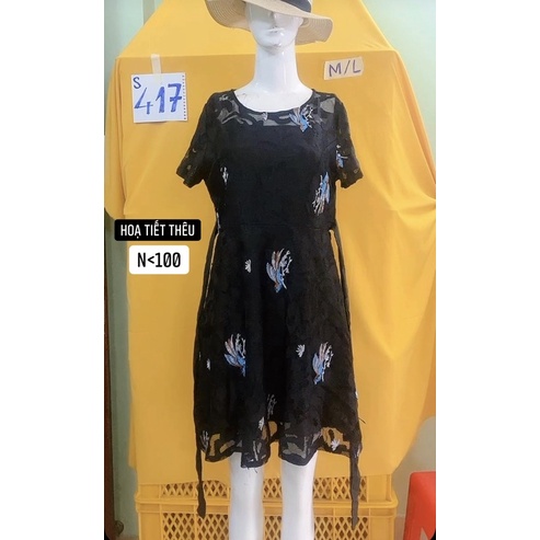 đầm ren đen hoạ tiết thêu có dây cột eo.S417