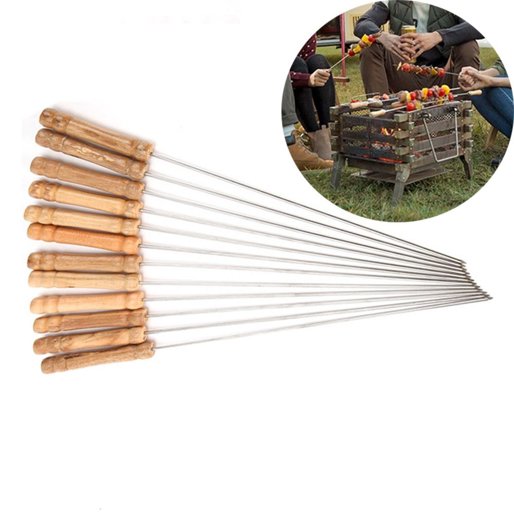 Set 12 cây xiên que thép không rỉ tay cầm gỗ nướng BBQ tiện dụng