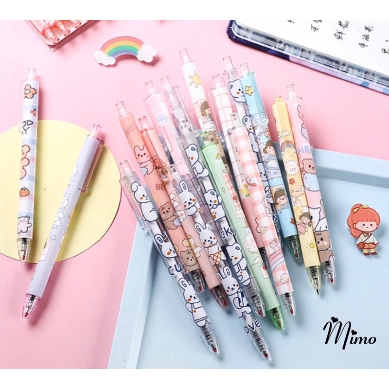 Bút gel đen 0.5mm cute set 6 bút bấm họa tiết hoạt hình dễ thương