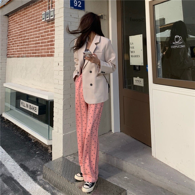 Happy-store  Quần dài ống rộng phong cách Hồng Hàn Quốc cá tính cho nữ