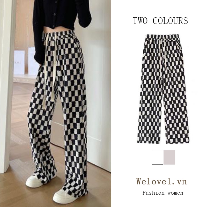 Quần Dài Ống Rộng Lưng Cao Họa Tiết Sọc Caro Trắng Đen Thời Trang Xuân Hè Cho Nữ