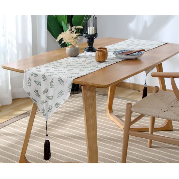 KHĂN TRẢI BÀN RUNNER LAN DECOR TBR202 HỌA TIẾT LÁ DƯƠNG SỈ XANH