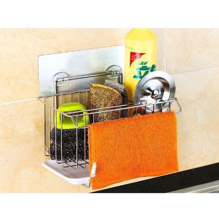 Giá để giẻ rửa bát dán tường bằng inox có khay hứng nước (có phơi khăn)