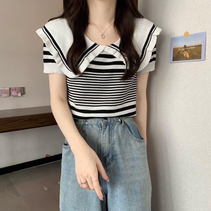 Áo Thun Dệt Kim Tay Ngắn Cổ Búp Bê Họa Tiết Kẻ Sọc Dễ Thương Cho Nữ  tao bao