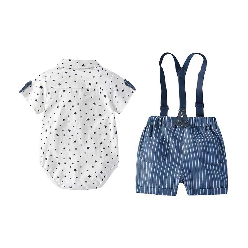 Set yếm công tử kèm áo họa tiết ngôi sao xanh 4 chi tiết cotton dành cho bé trai 0-2 tuổi