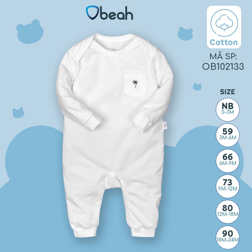 Obeah Bộ body cổ chồng dài tay màu trắng Fullsize 59 đến 90 cho bé yêu từ 0 đến 24 tháng