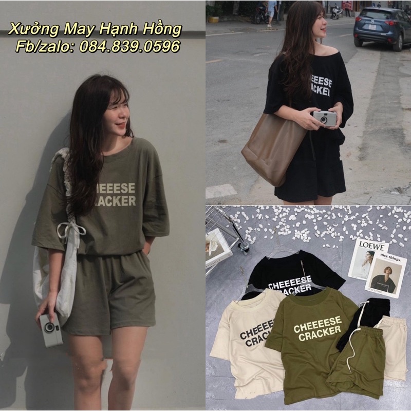 Set đồ thun áo phông in chữ Cheese kèm quần short
