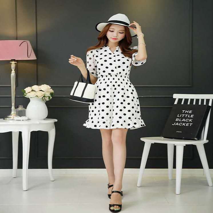 (N218) Đầm chấm bi nữ cổ cao cách điệu tay ngắn thắt eo chun chân váy đuôi cá dáng xòe bánh bèo sang chảnh siêu hot 2020