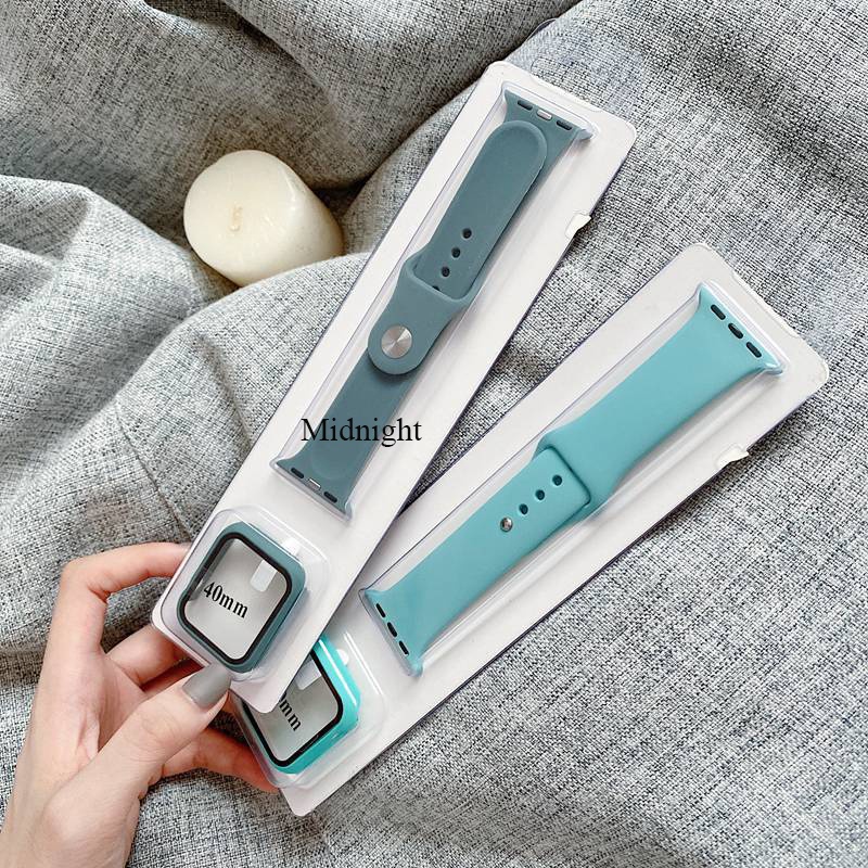 Combo ốp kính cường lực 9H và dây silicon cho Apple Watch đồng Hồ Thông Minh iWatch 1/2/3/4/5/6/SE size 38/40/42/44 mm