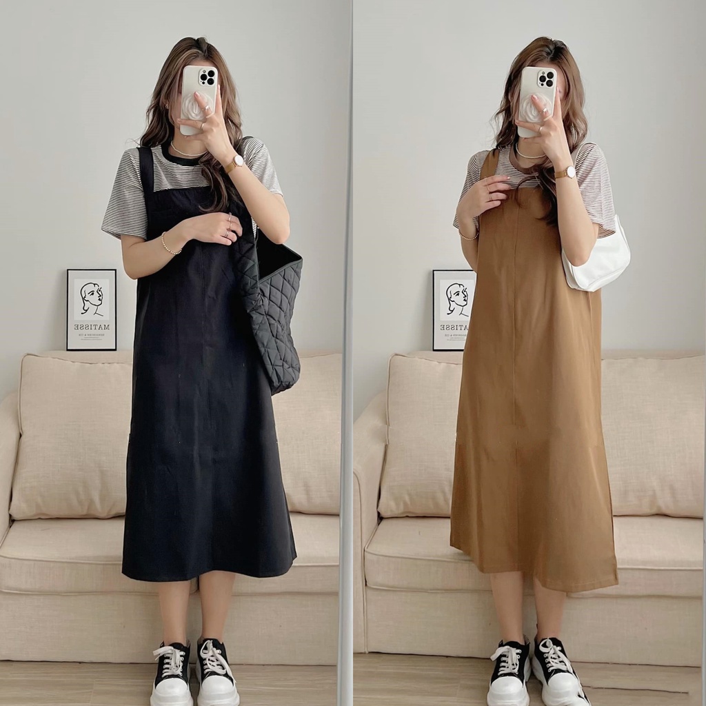 Set yếm kaki dáng dài kèm áo phông cổ tròn kẻ sọc 2 màu xinh xắn phong cách Hàn quốc