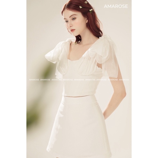 Áo Corset Trắng Cột nơ  và chân váy chữ A