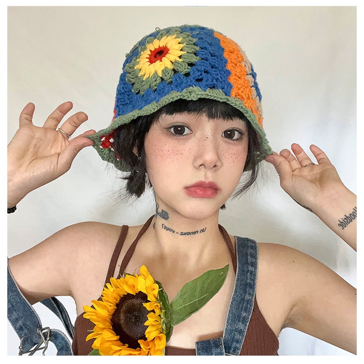 Mũ bucket Dệt Kim Hoạ Tiết Hoa Xinh Xắn Cho Nữ