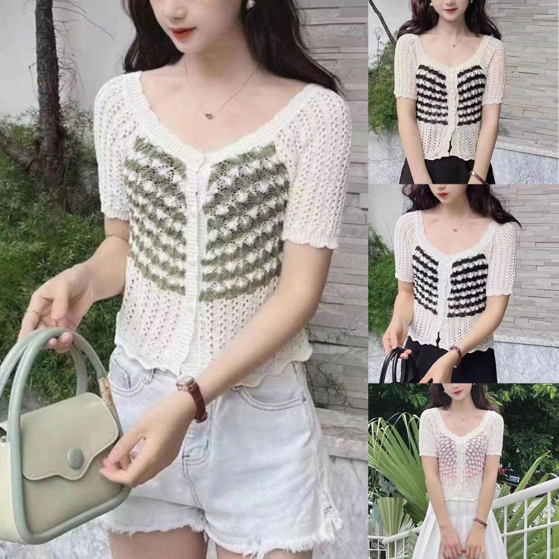 Brroa Áo Croptop Cotton Đan Móc Khoét Lỗ Gợi Cảm Thời Trang Mùa Hè Cho Nữ