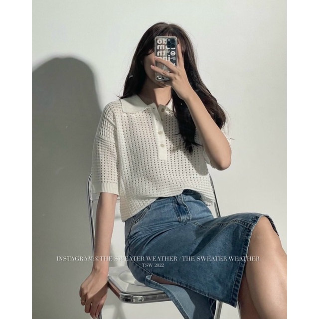 Áo len lưới ngắn tay - Áo polo cộc tay đi biển phong cách ulzzang hàn quốc