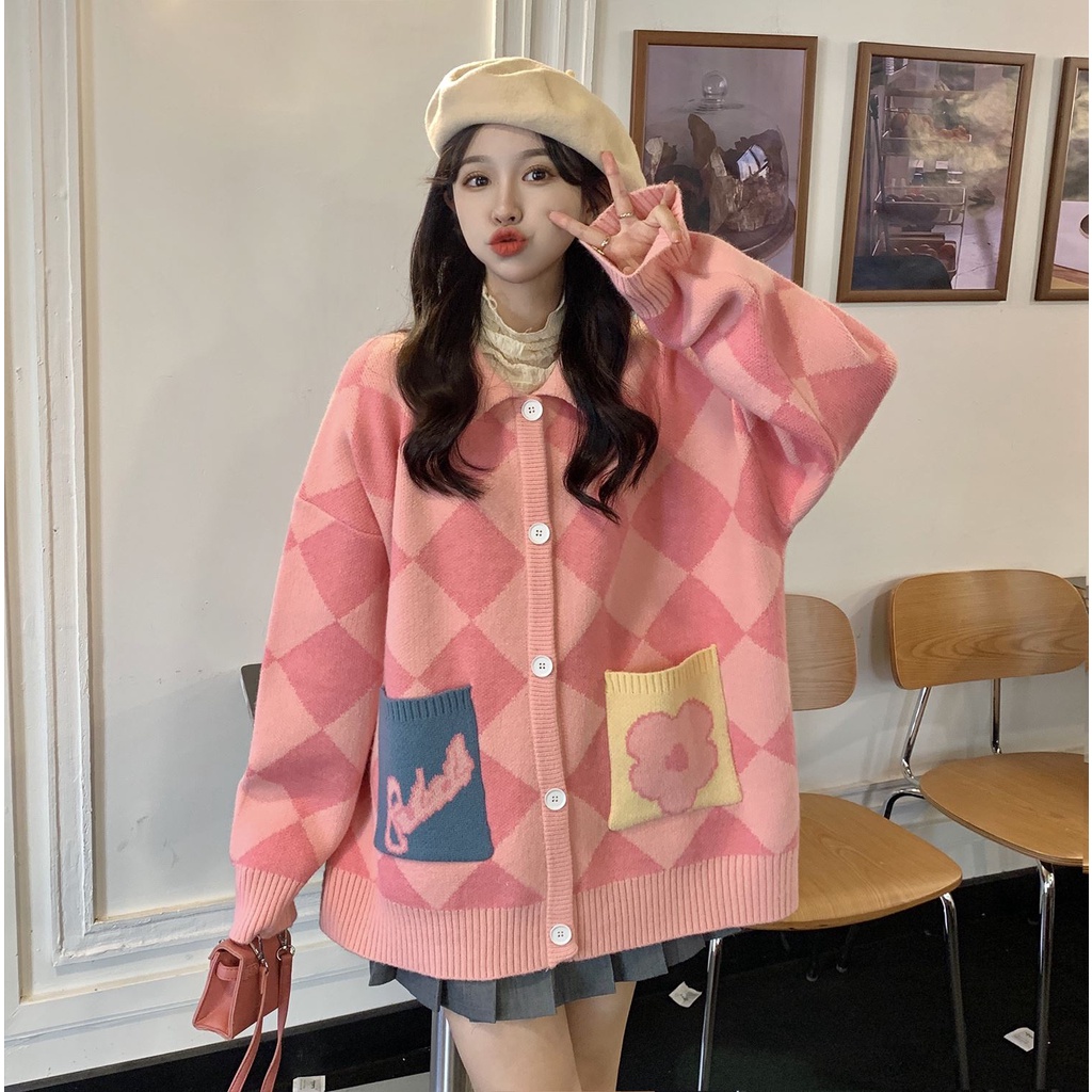 Hàng Sẵn_Áo khoác len đan len nhỏ tươi mát phong cách mới rất cổ tích Hàn Quốc áo khoác len rộng rãi