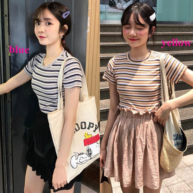 Áo Croptop tay ngắn hoạ tiết kẻ sọc thiết kế ôm sát quyến rũ | BigBuy360 - bigbuy360.vn