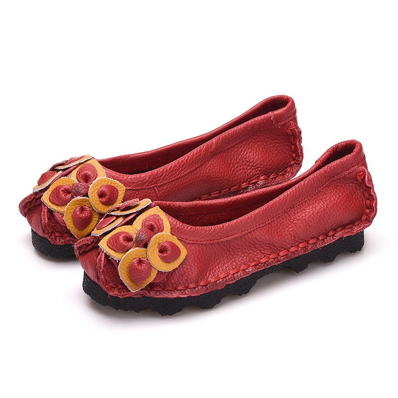 Giày Búp Bê Da Đế Bằng Mềm Mại Họa Tiết Hoa Phong Cách Dân Tộc retro Thời Trang Xuân Thu