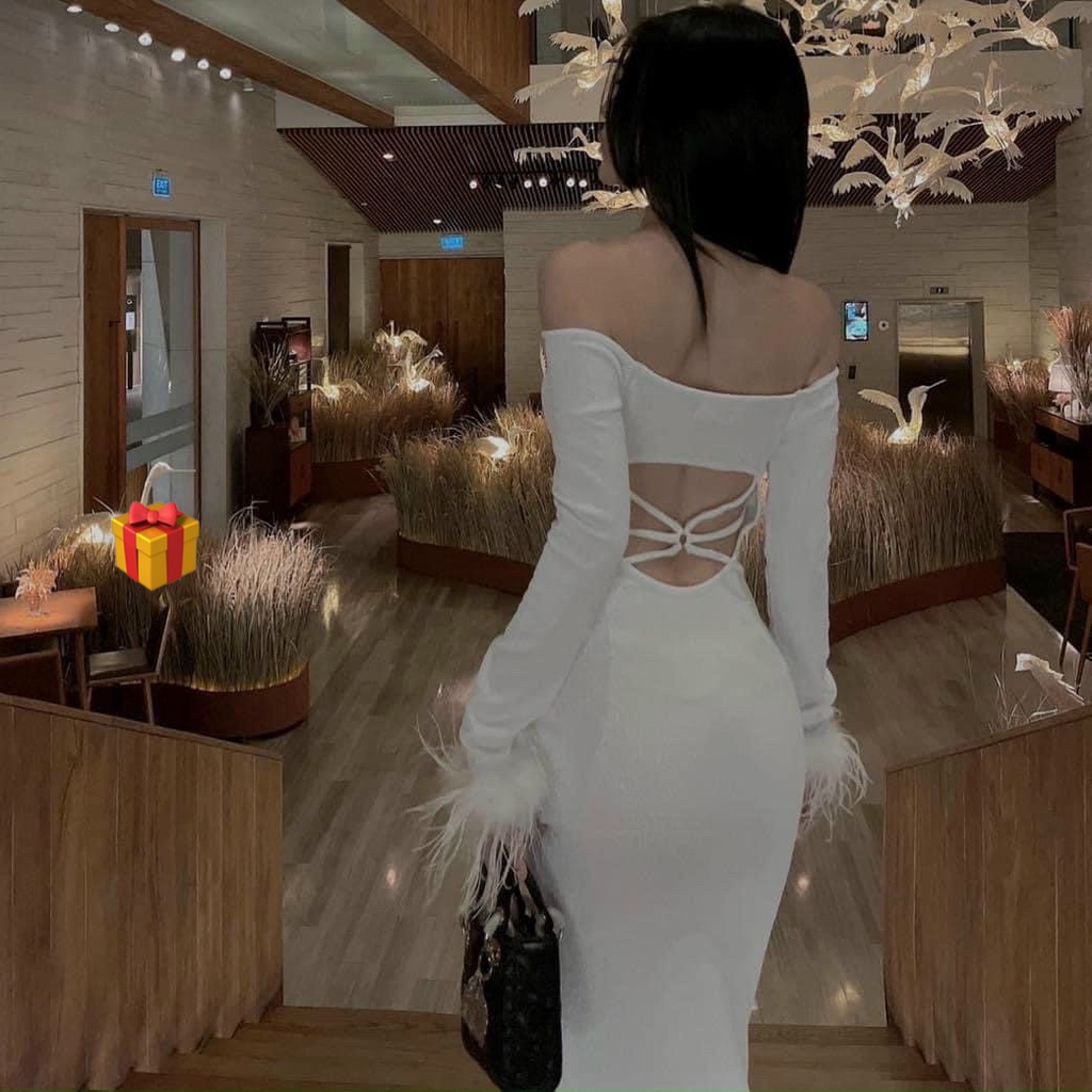 Đầm body nữ dáng dài maxi trơn kiểu trễ vai tay dài phối long vũ hở lưng hot