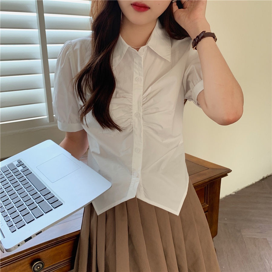 Áo Sơ Mi Trắng Ngắn Xếp Ly Phong Cách Hàn Quốc Mới Cho Nữ