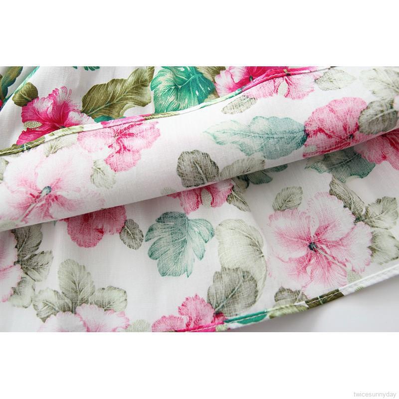 Đầm cotton mỏng tay ngắn loe in họa tiết hoa phong cách retro mùa hè xinh xắn cho bé gái