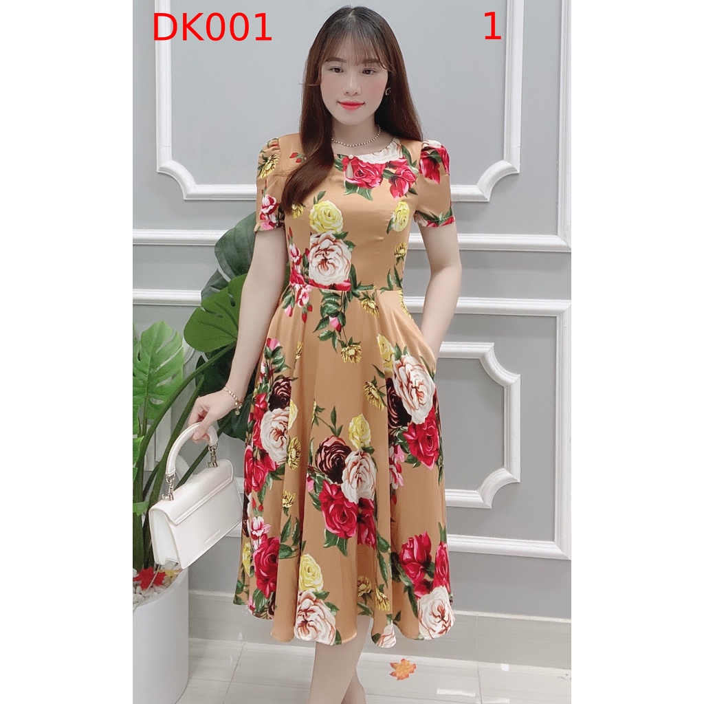 Đầm thiết kế Dori hoạ tiết hoa lụa axitat nhập khẩu cao cấp DK001
