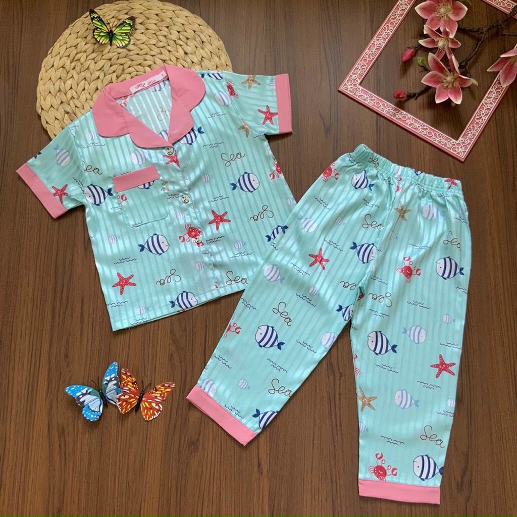 Bộ pijama lụa gấm tay ngắn quần dài nhiều họa tiết mát mịn cho bé gái (12-33kg) - Hirokids