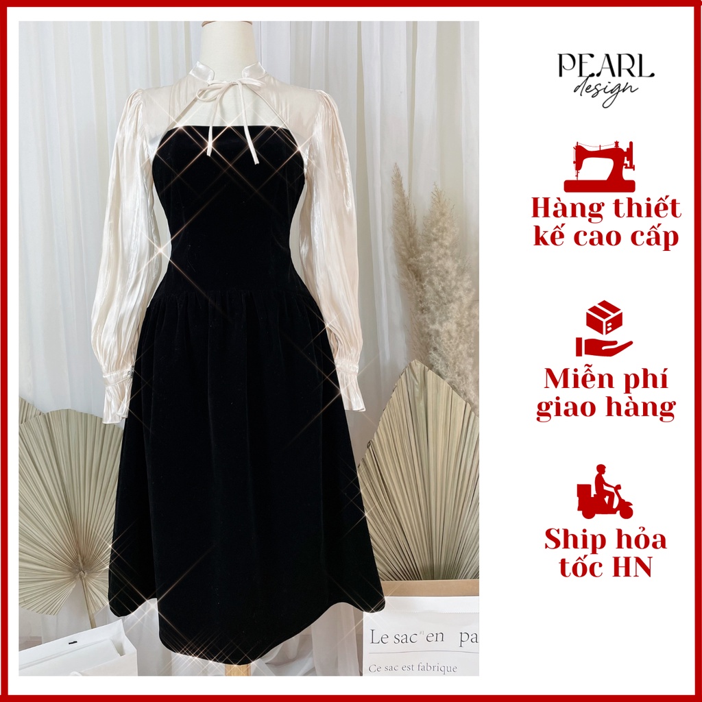 Đầm tiệc đám cưới đẹp nhung cao cấp chiết eo tay bồng tiểu thư sang chảnh  Pearl Design 112102