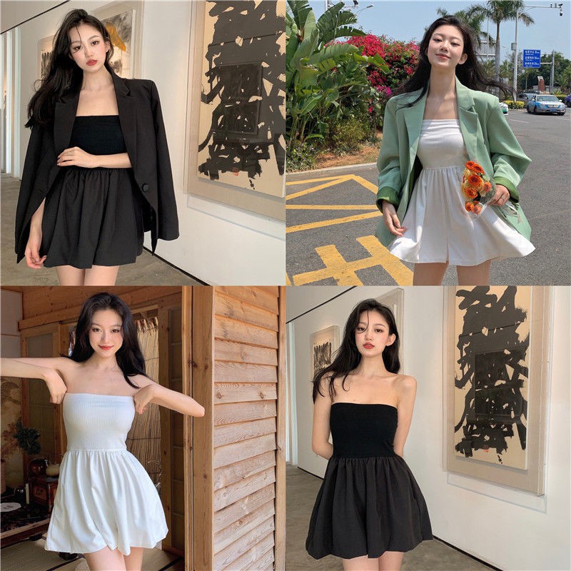 [MURIOKI] Đầm Mini Trễ Vai Eo Cao Màu Trắng Đen Phong Cách Hàn Quốc Gợi Cảm Cho Nữ