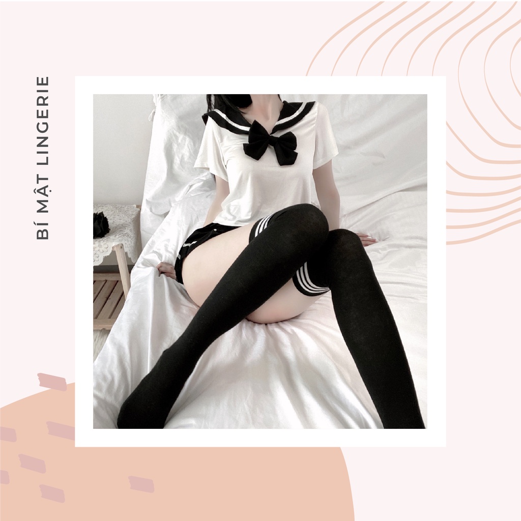 Set đồ ngủ hoá trang phong cách học sinh Nhật Bản áo thuỷ thủ thắt nơ chân váy xếp ly gợi cảm