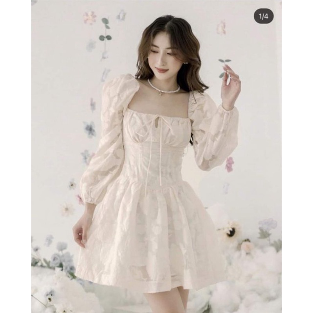 Đầm dự tiệc nữ dáng xòe tay dài bồng chất ren hoa xinh xắn Husioo Dress