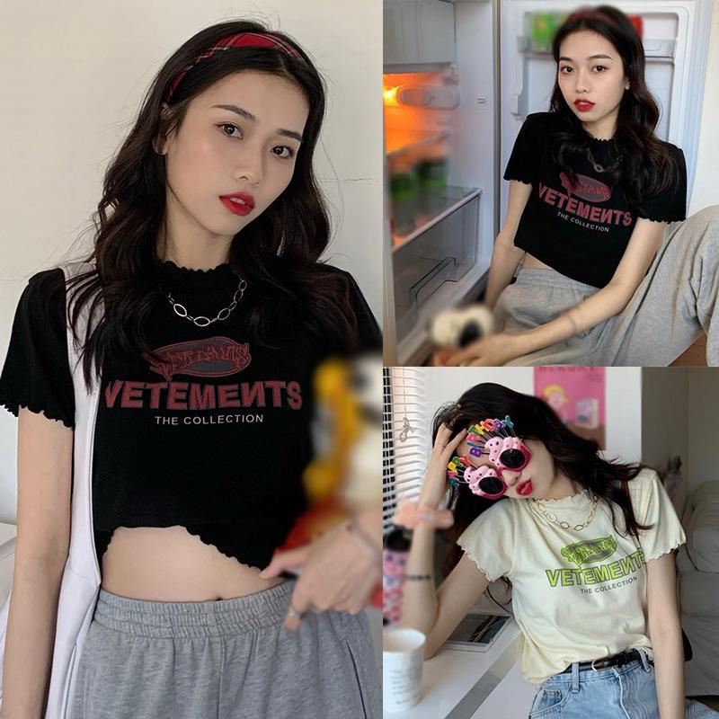 Áo Thun Croptop Tay Ngắn Cổ Tròn In Chữ Phong Cách Hàn Quốc Cho Nữ