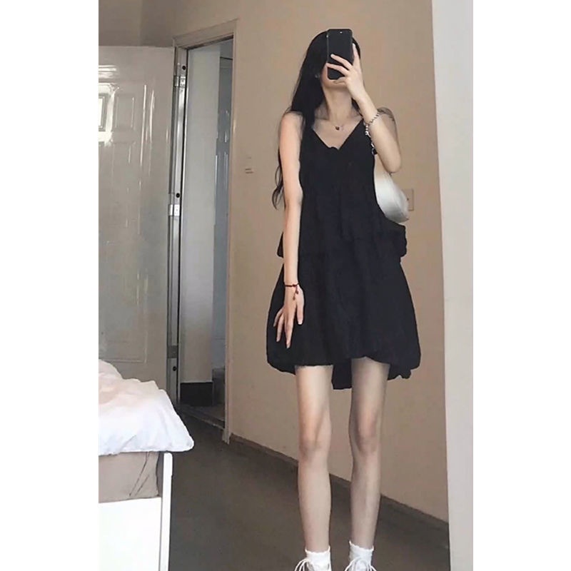 Đầm Hai Dây Dáng Chữ a Eo Cao Cổ Chữ v Phối Bèo Và Chân Váy Chữ a Eo Cao Phong Cách Hàn Quốc Dành Cho Nữ