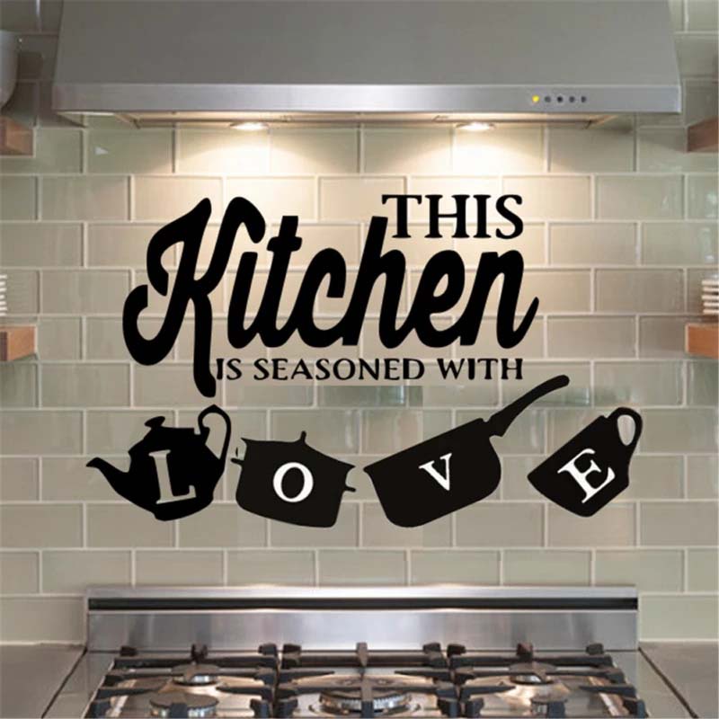 Miếng dán tường trang trí in chữ &quot;Seasoned with Love&quot; chống thấm nước có thể tháo gỡ cho nhà bếp