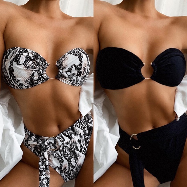 [BKN676] &lt;ÂU&gt; SET BIKINI QUÂY KHUY NGỰC ĐEN/LOANG (CẠP CAO)