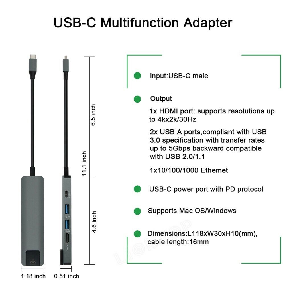 Hub USB Type C 5 in 1 To HDMI, RJ45, 2 x USB 3.0, USB Type C - Hàng chính hãng